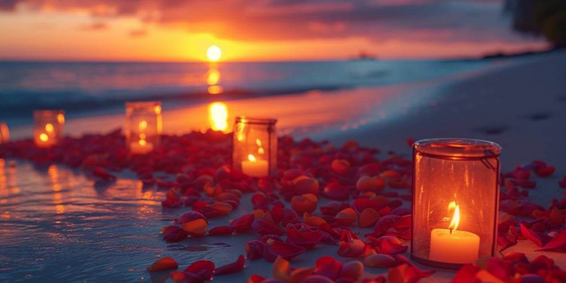 Sunset, soft waves, and a path of petals -- the perfect beginning to a forever kind of love.