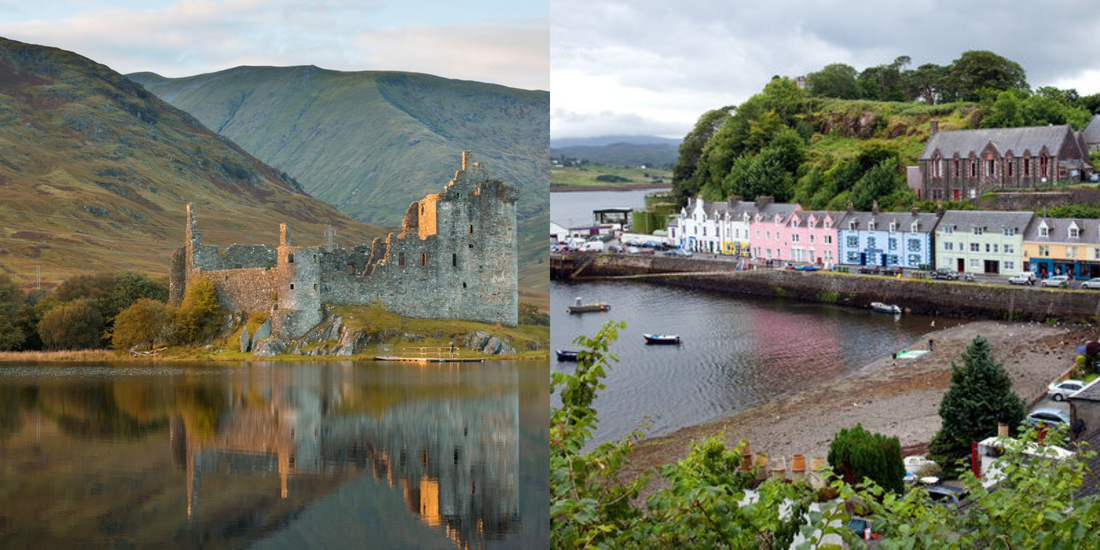 A split view contrasting the ancient ruins of a lakeside castle against the vibrant, colorful waterfront architecture of a coastal village.