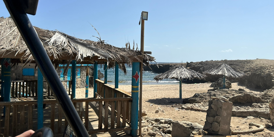 Rustic beach palapas and rocky shoreline in Aruba highlight the island&rsquo;s relaxed coastal charm, where quiet coves, ocean breezes, and simple beach days define an easy Caribbean travel experience.