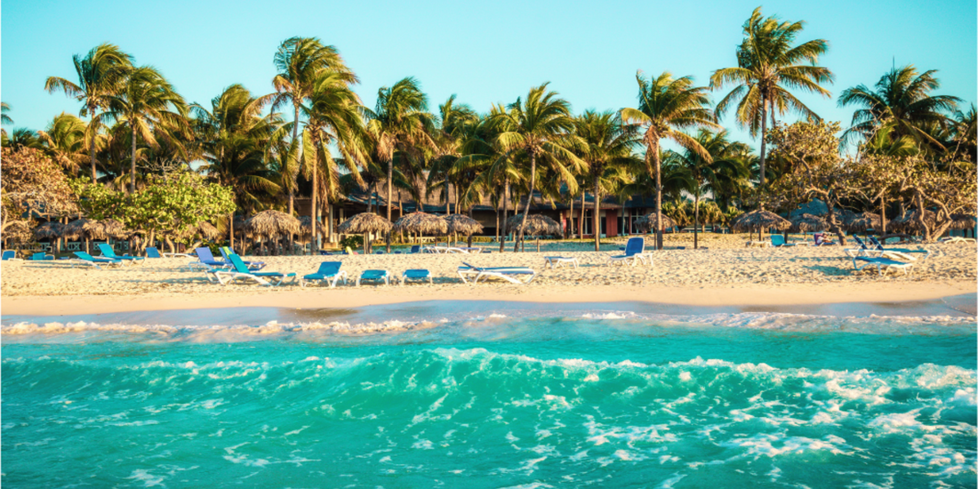 Turquoise water along a palm lined beach in Cuba with lounge chairs and thatched umbrellas facing the Caribbean Sea