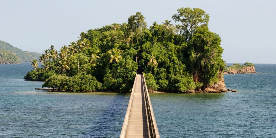 Lush tropical island connected by wooden walkway in the Saman&aacute; Peninsula, Dominican Republic.