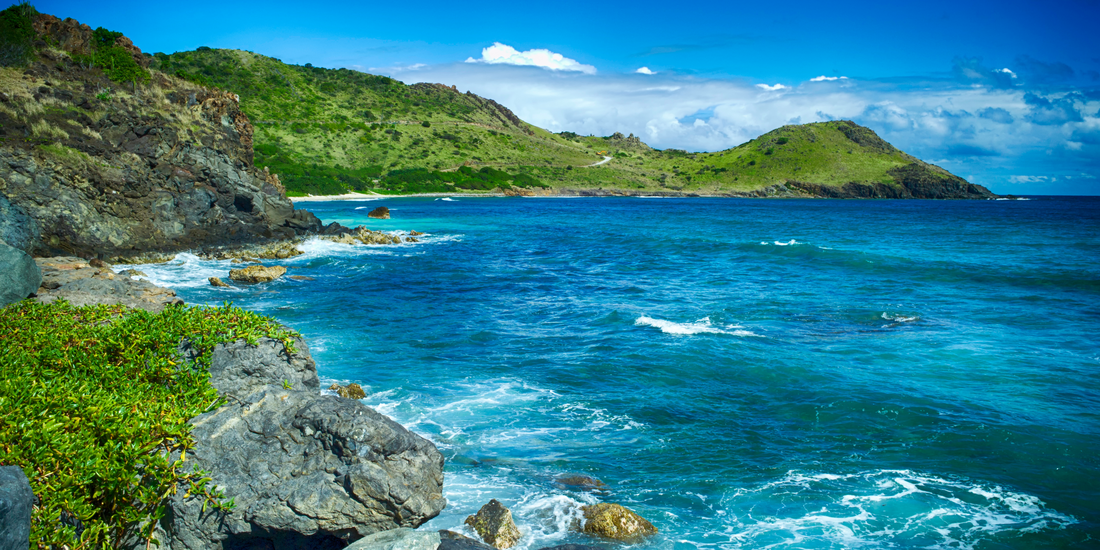 Rocky coastline and turquoise sea in Saint Barts with lush green hills under a bright Caribbean sky.