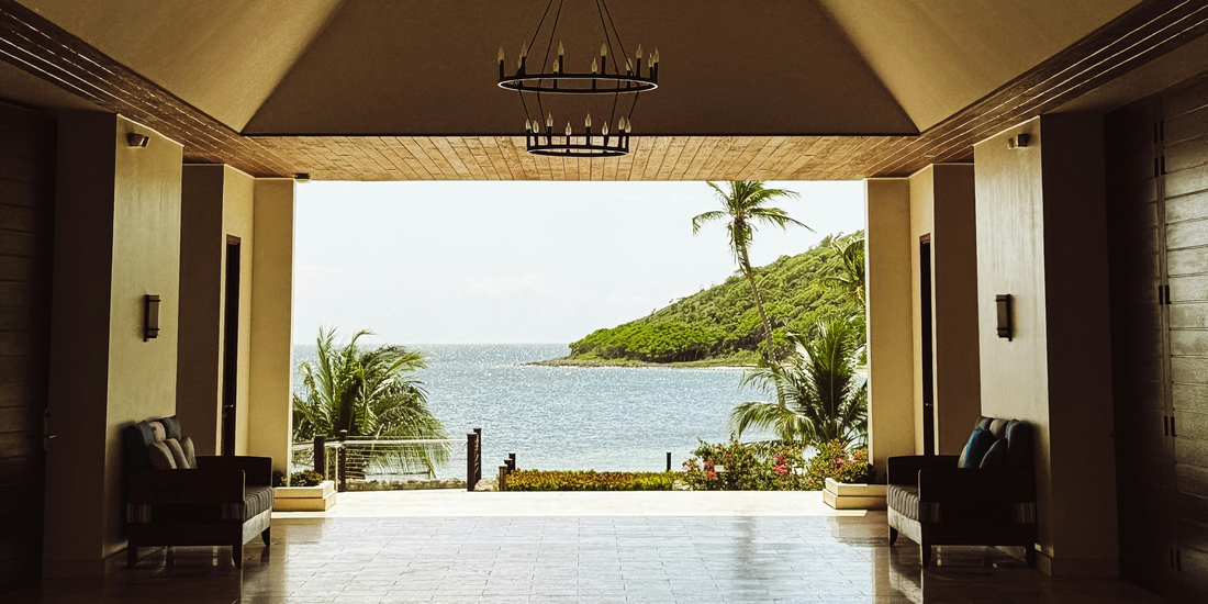 Elegant hotel accommodation in Saint Kitts with open air lobby and panoramic sea views